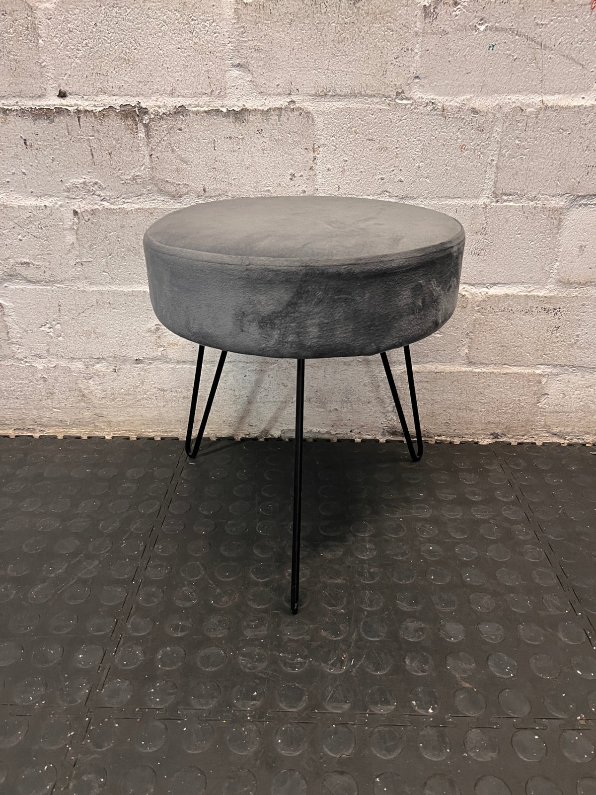 Grey Upholstered Ottoman with Black Hairpin Legs — Good Working Order – back view