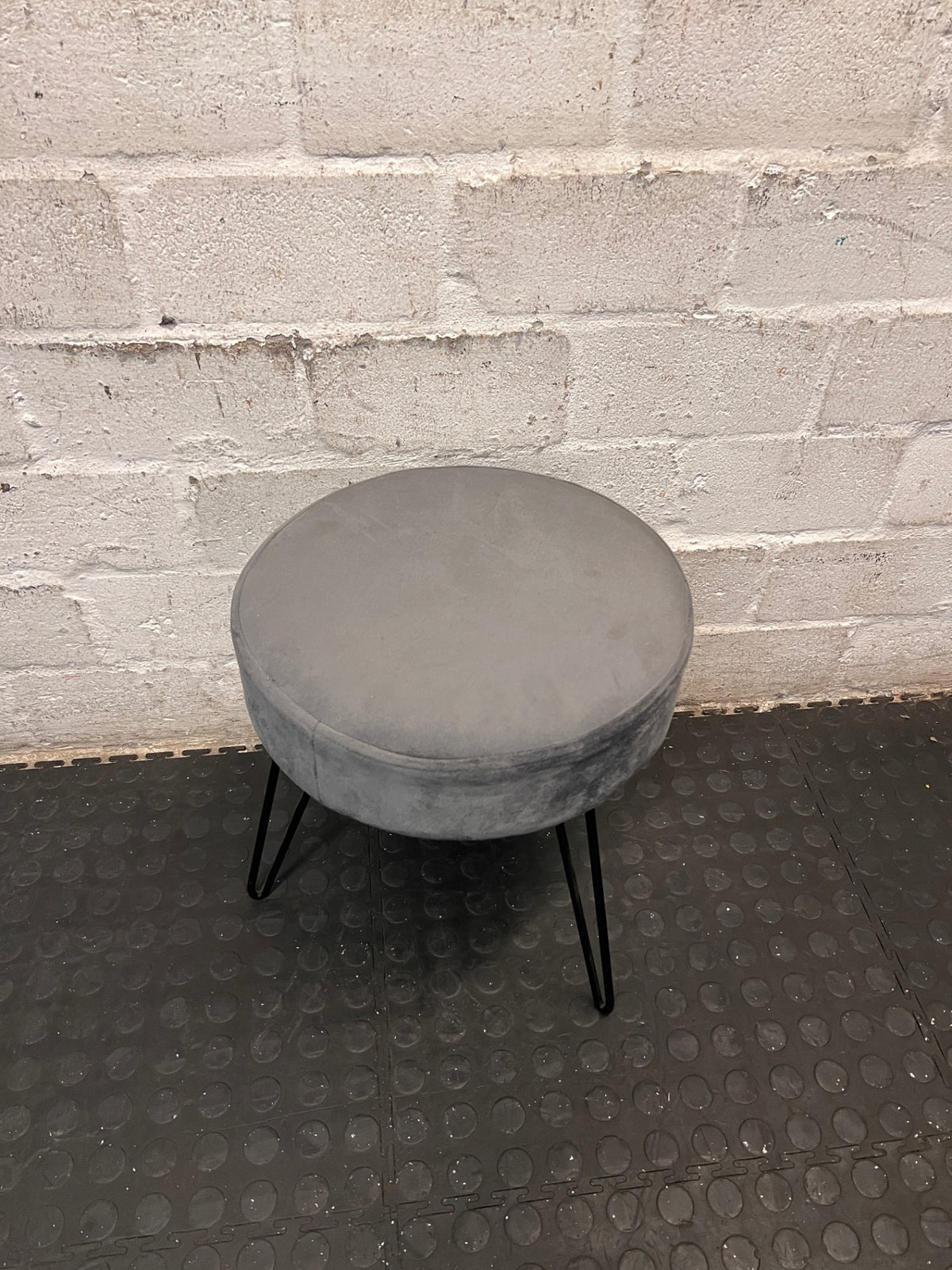 Grey Upholstered Ottoman with Black Hairpin Legs — Good Working Order – top view