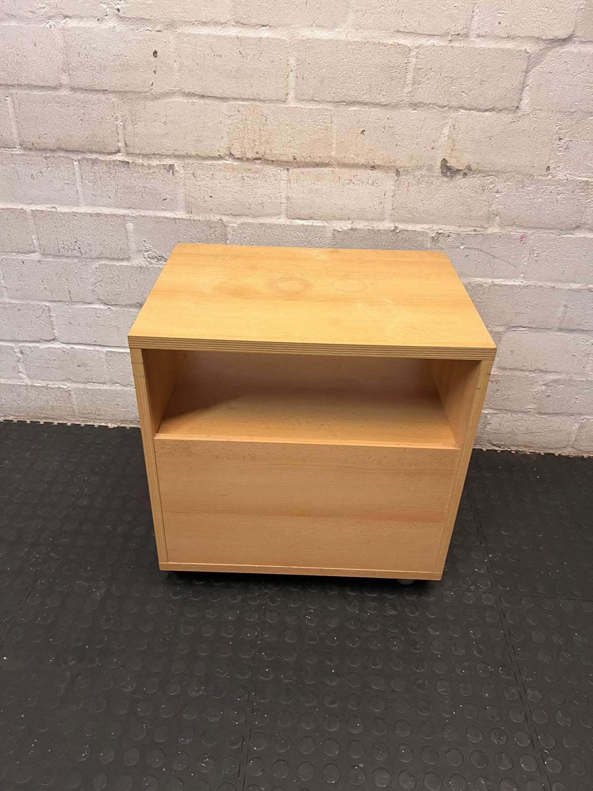 Mobile Light Wood Pedestal with Drawer and Cubby – back view