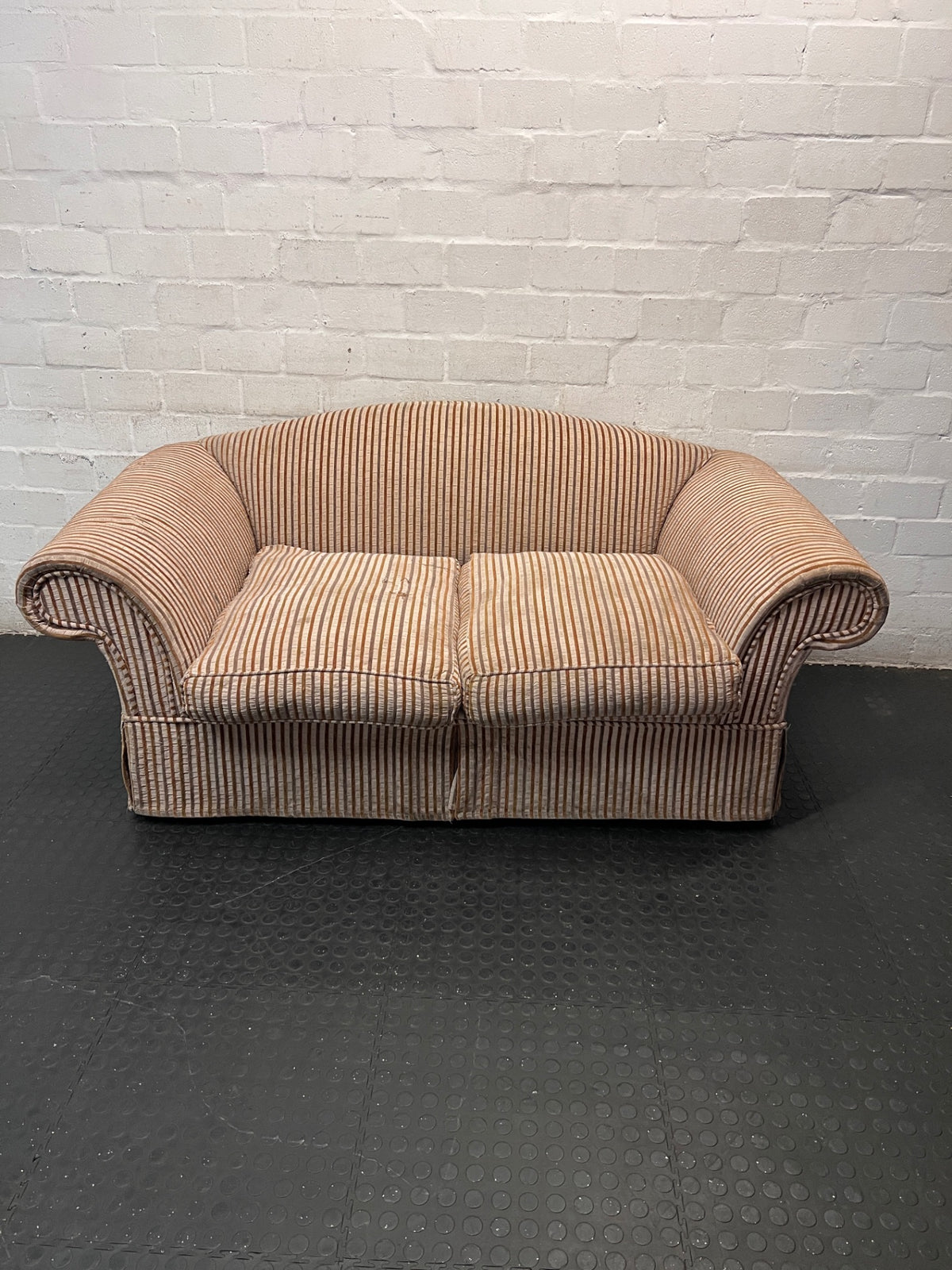 Striped Upholstered 2 Seater Couch with Rolled Arms – main front view