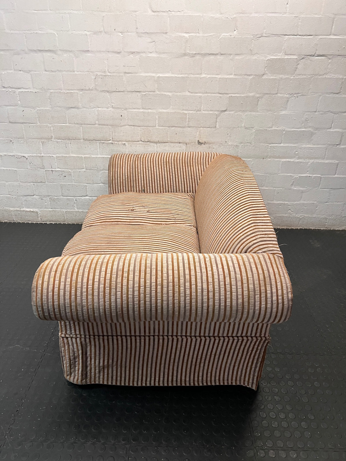 Striped Upholstered 2 Seater Couch with Rolled Arms – side view