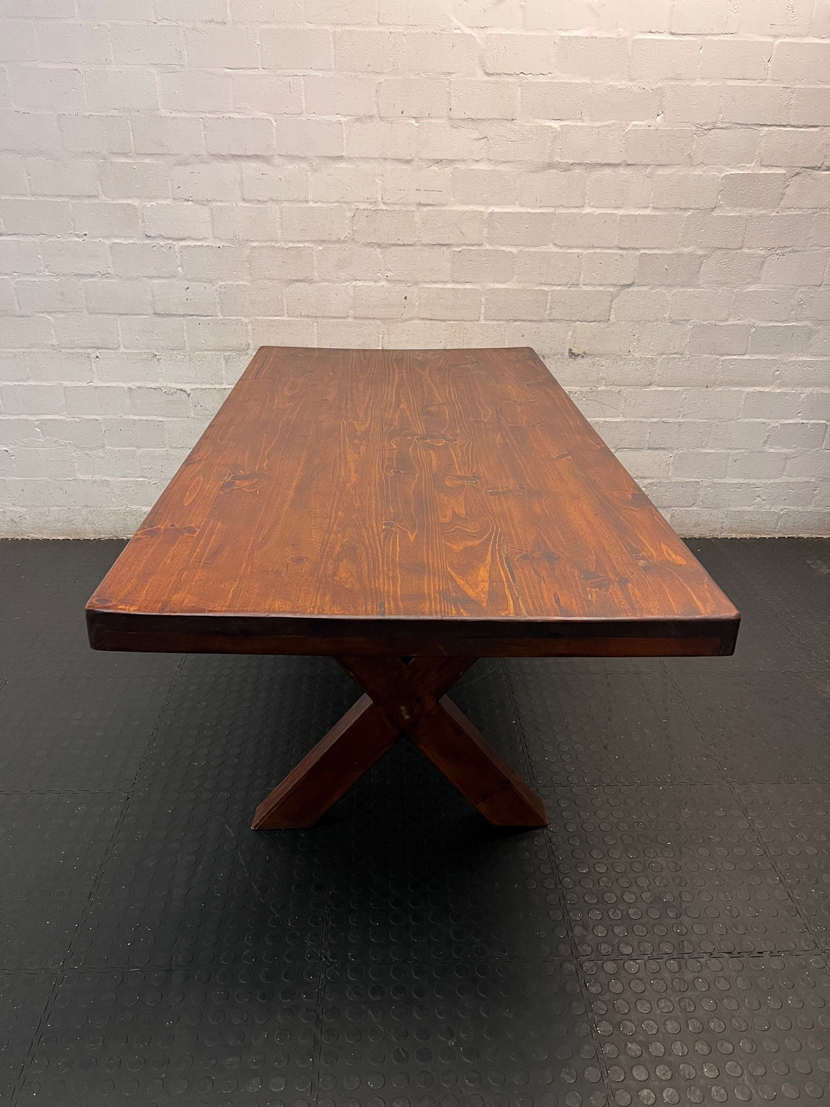 Rustic Wooden X-Frame Dining Table – side view