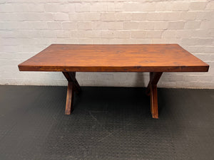 Rustic Wooden X-Frame Dining Table – top view