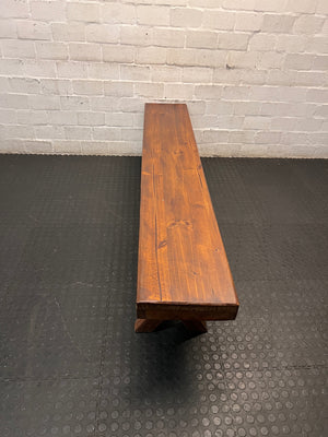 Rustic Wooden Bench with X-Frame Legs – back view