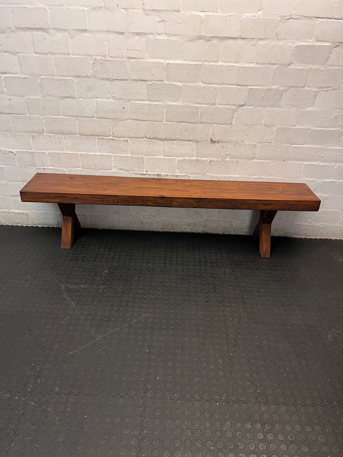 Rustic Wooden Bench with X-Frame Legs – main front view