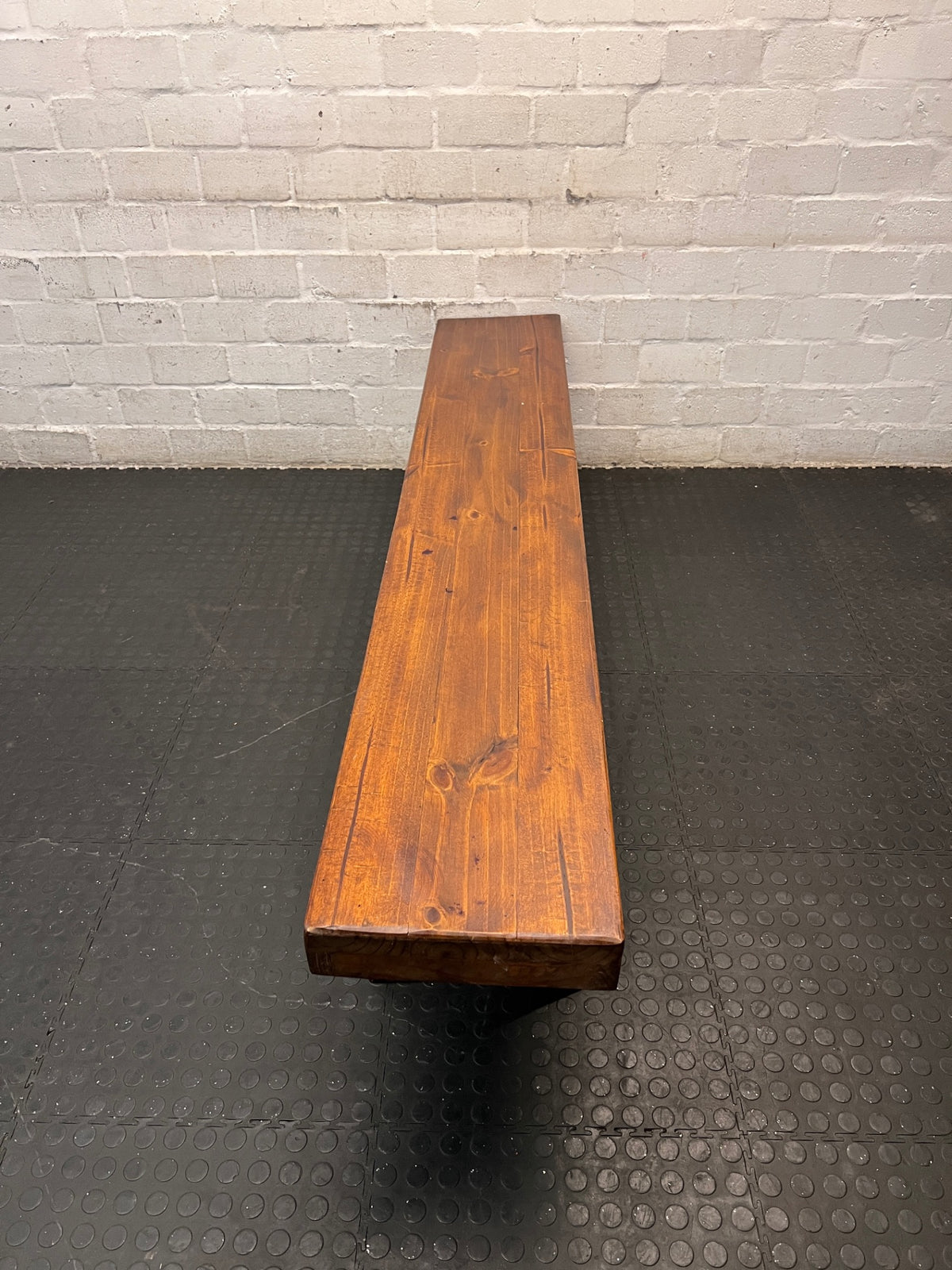 Rustic Wooden Bench with X-Frame Legs – side view