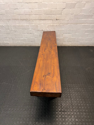 Rustic Wooden Bench with X-Frame Legs – side view