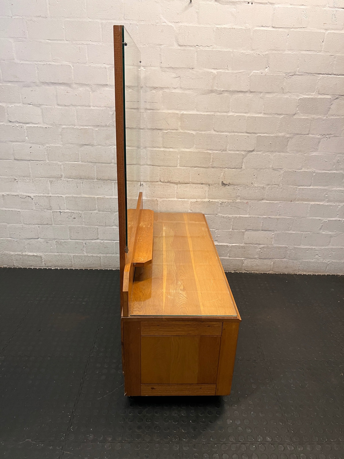 Japanese Oak Dressing Table with Large Mirror — Good Condition with Glass Top – back view