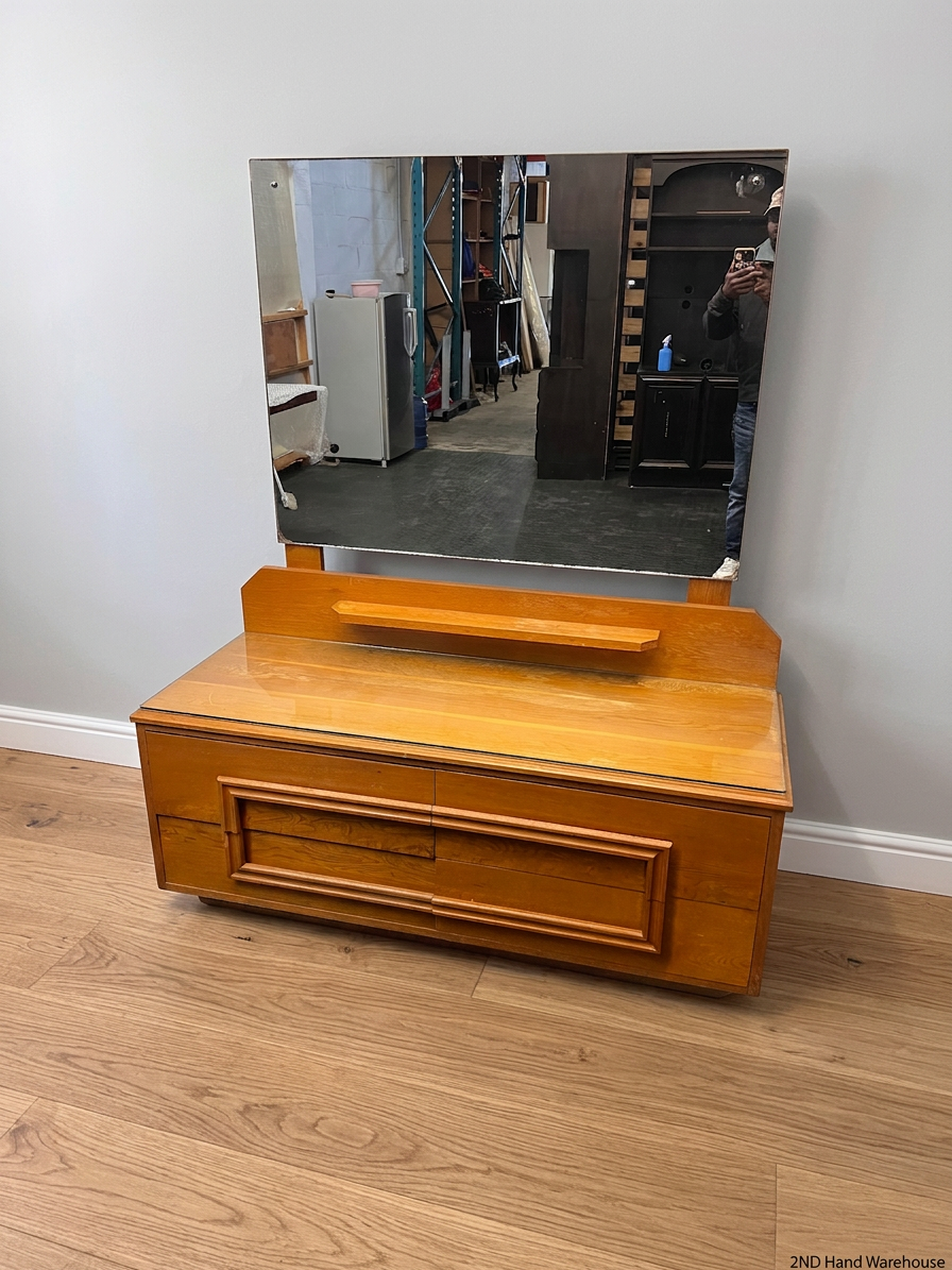 Japanese Oak Dressing Table with Large Mirror — Good Condition with Glass Top – styled product image