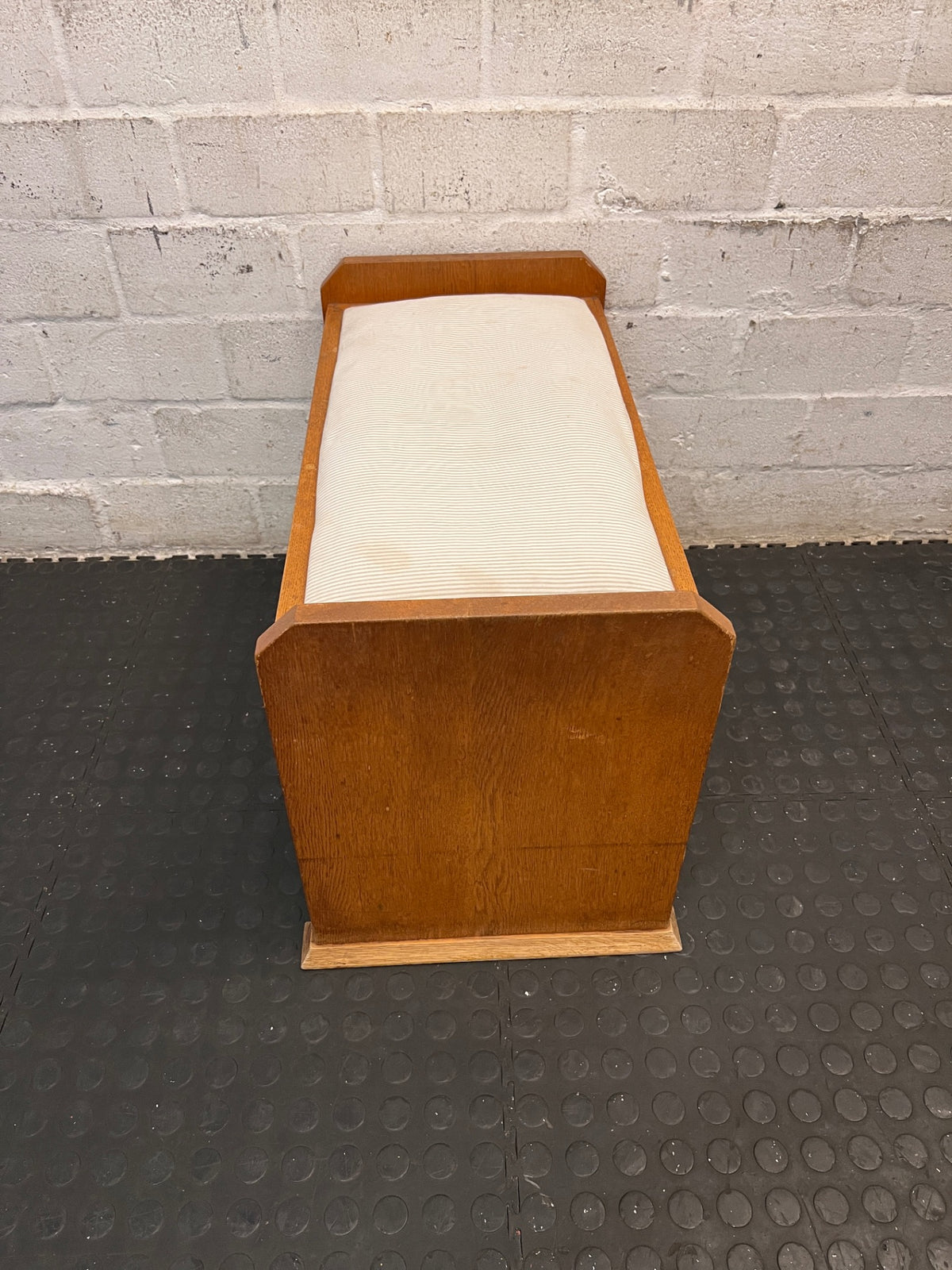 Wooden Dressing Stool with Striped Upholstered Seat – back view