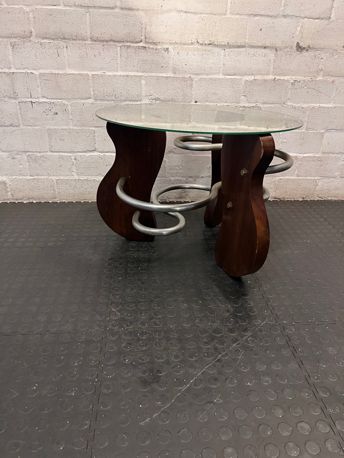 Round Glass Coffee Table with Spiral Wood and Metal Base — Well Used Condition – back view