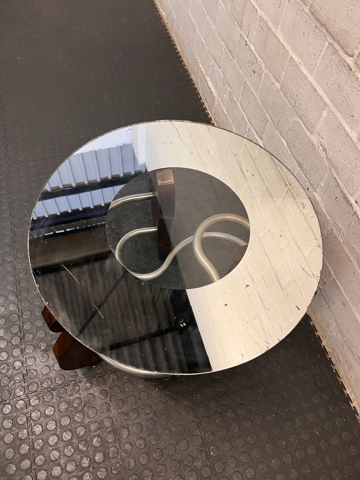 Round Glass Coffee Table with Spiral Wood and Metal Base — Well Used Condition – condition detail