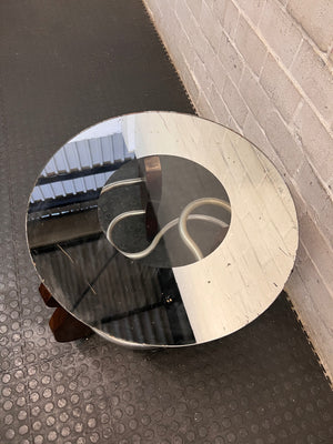 Round Glass Coffee Table with Spiral Wood and Metal Base — Well Used Condition – condition detail