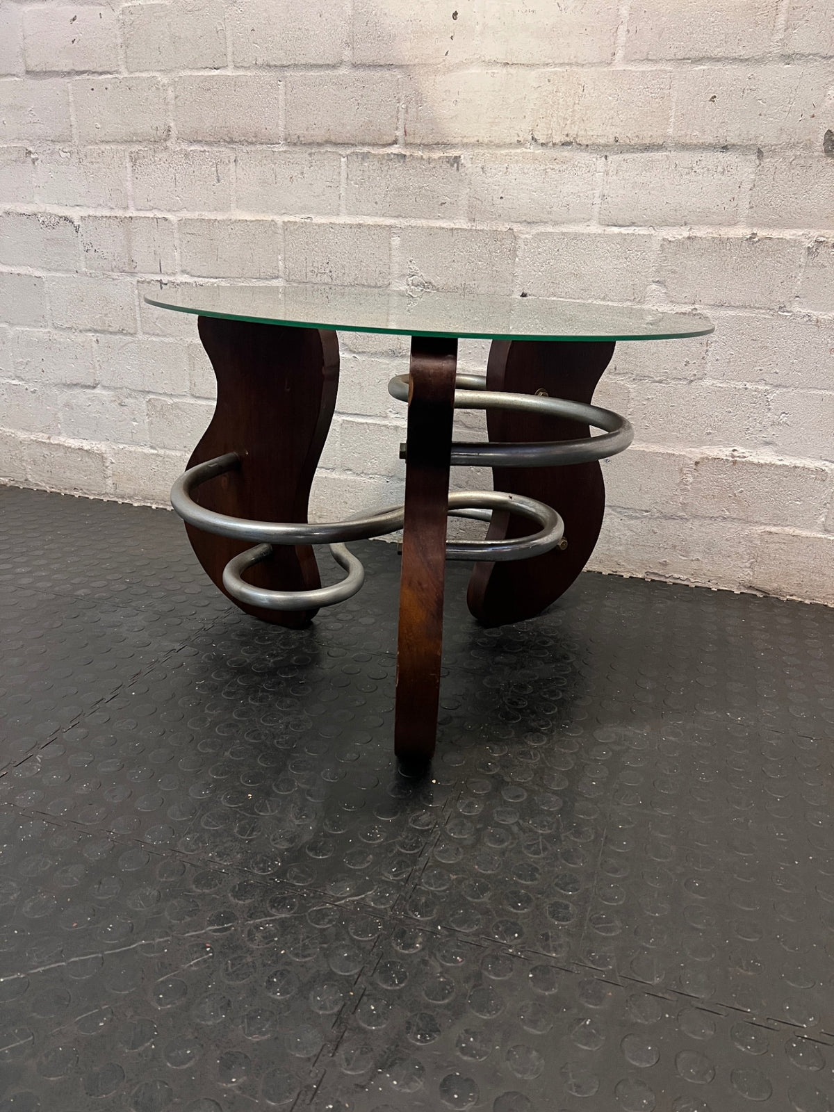 Round Glass Coffee Table with Spiral Wood and Metal Base — Well Used Condition – main front view