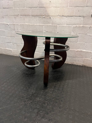 Round Glass Coffee Table with Spiral Wood and Metal Base — Well Used Condition – main front view