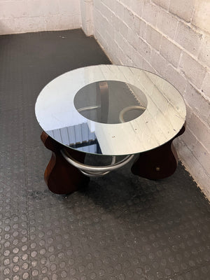 Round Glass Coffee Table with Spiral Wood and Metal Base — Well Used Condition – top view