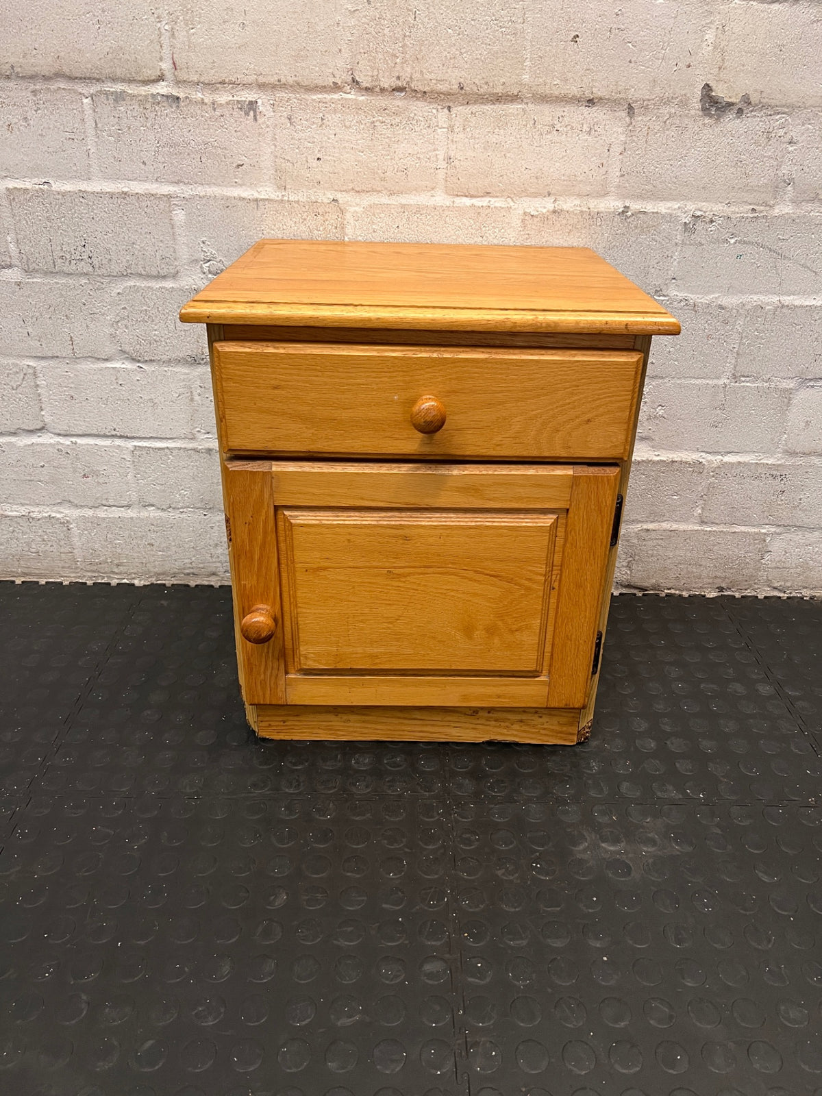 Light Brown Wooden Bedside Pedestal with Drawer — Well Used Condition – main front view