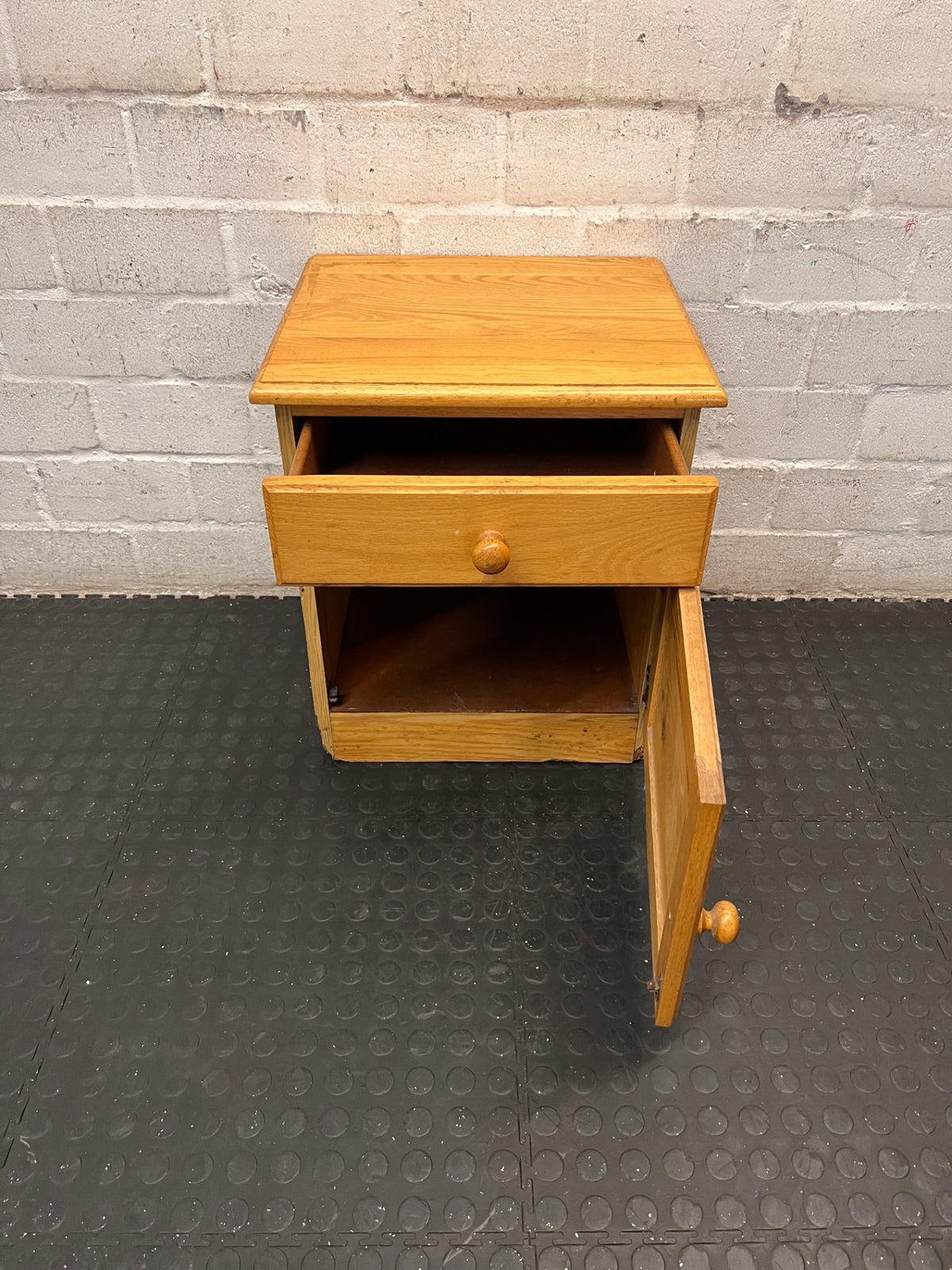 Light Brown Wooden Bedside Pedestal with Drawer — Well Used Condition – side view