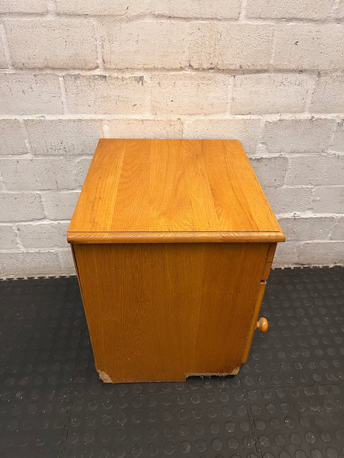 Light Brown Wooden Bedside Pedestal with Drawer — Well Used Condition – top view