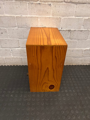 Wooden Bedside Table with Rattan-Style Door Insert — Fair Condition With Visible Wear – back view