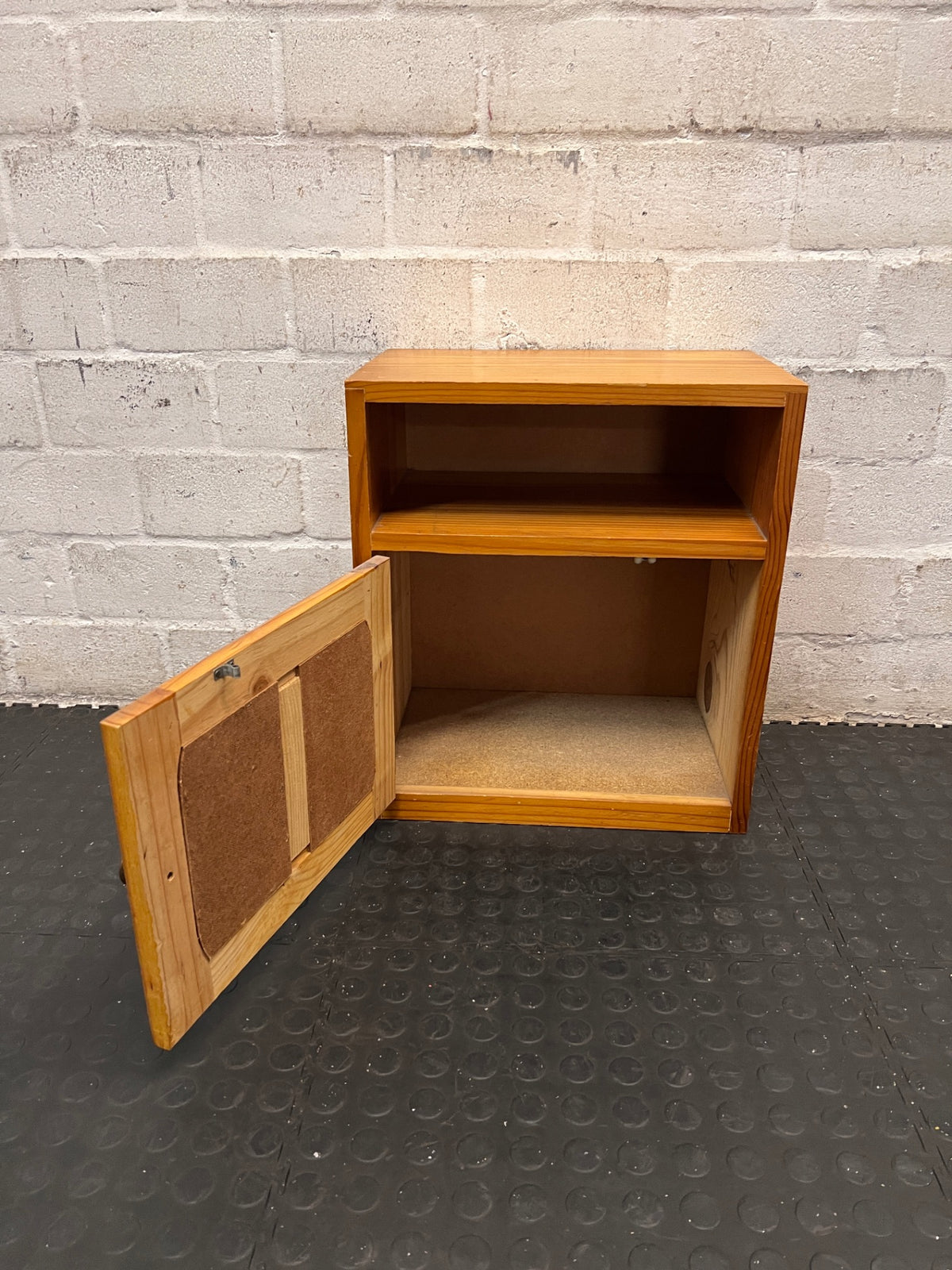 Wooden Bedside Table with Rattan-Style Door Insert — Fair Condition With Visible Wear – condition detail