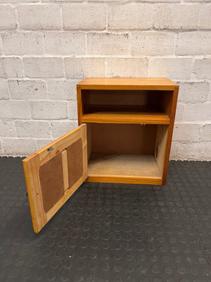 Wooden Bedside Table with Rattan-Style Door Insert — Fair Condition With Visible Wear – condition detail