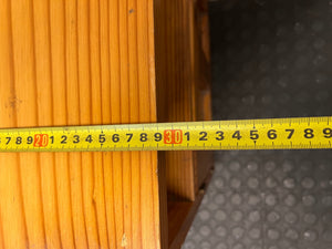 Wooden Bedside Table with Rattan-Style Door Insert — Fair Condition With Visible Wear – depth measurement