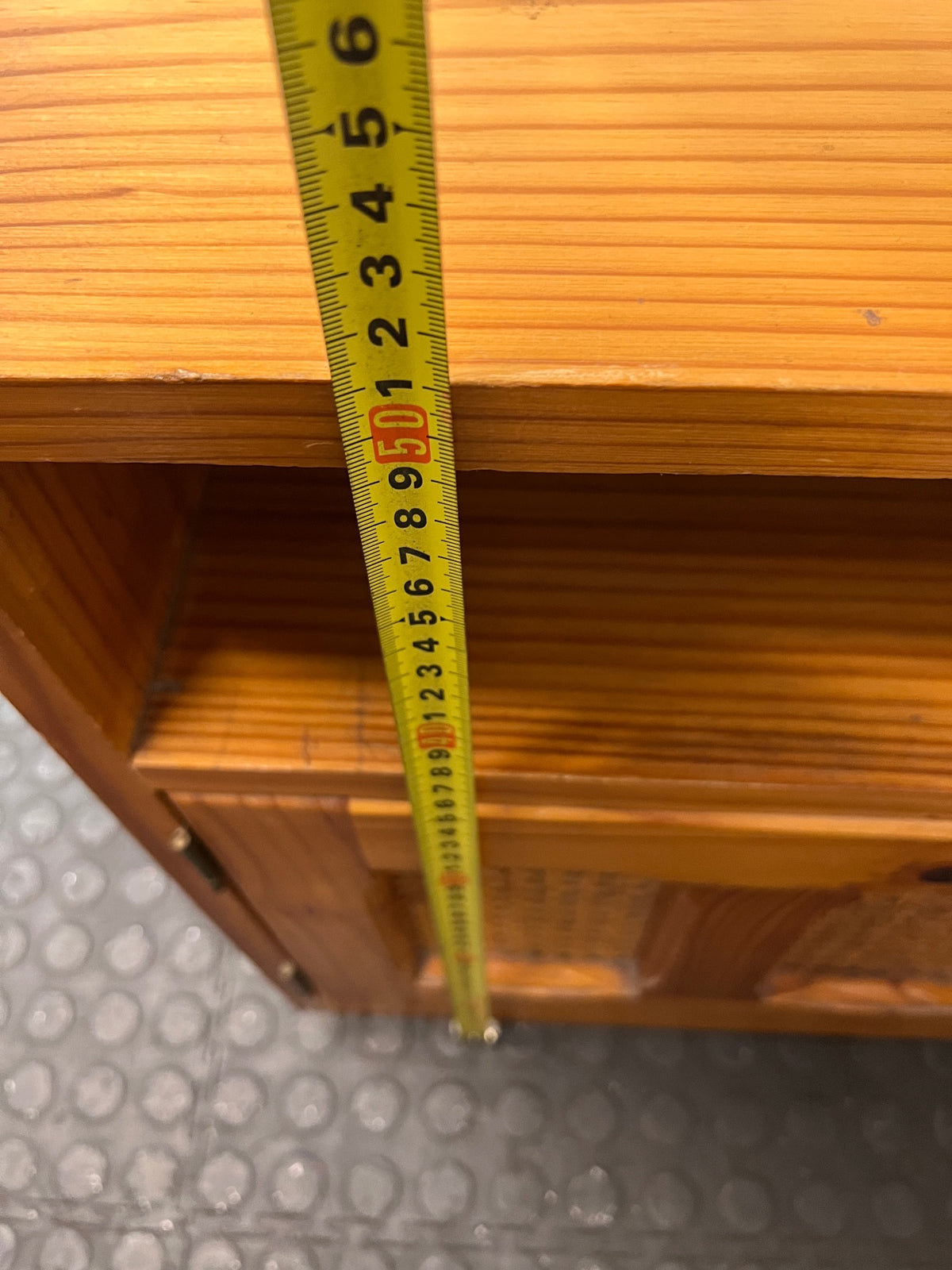 Wooden Bedside Table with Rattan-Style Door Insert — Fair Condition With Visible Wear – height measurement