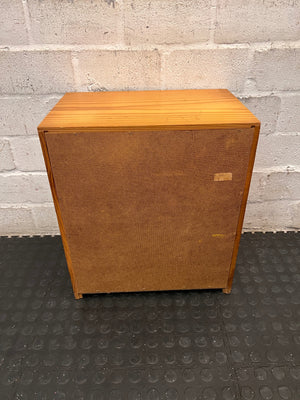 Wooden Bedside Table with Rattan-Style Door Insert — Fair Condition With Visible Wear – top view
