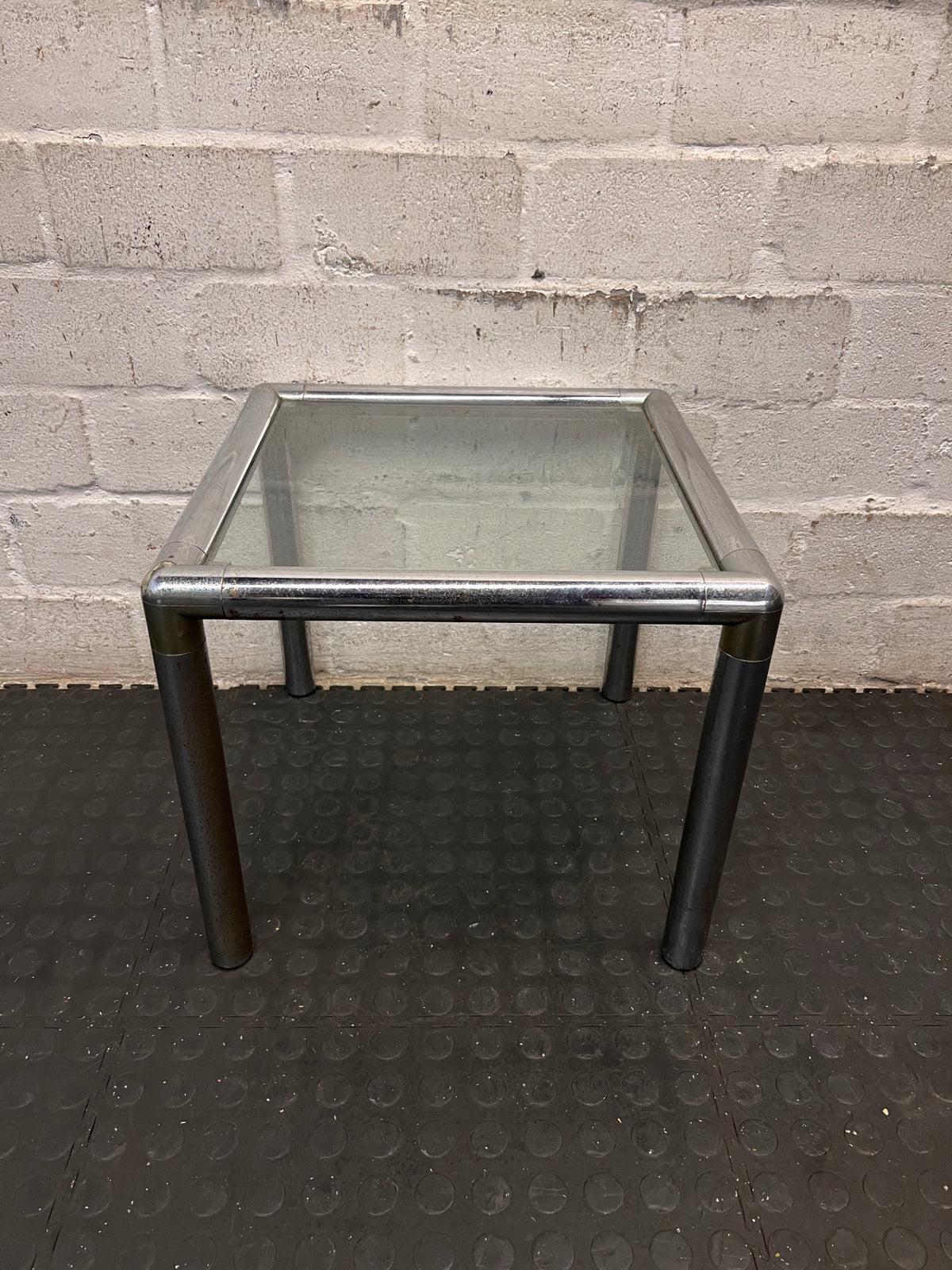 Square Glass and Chrome Side Table with Metal Legs – side view