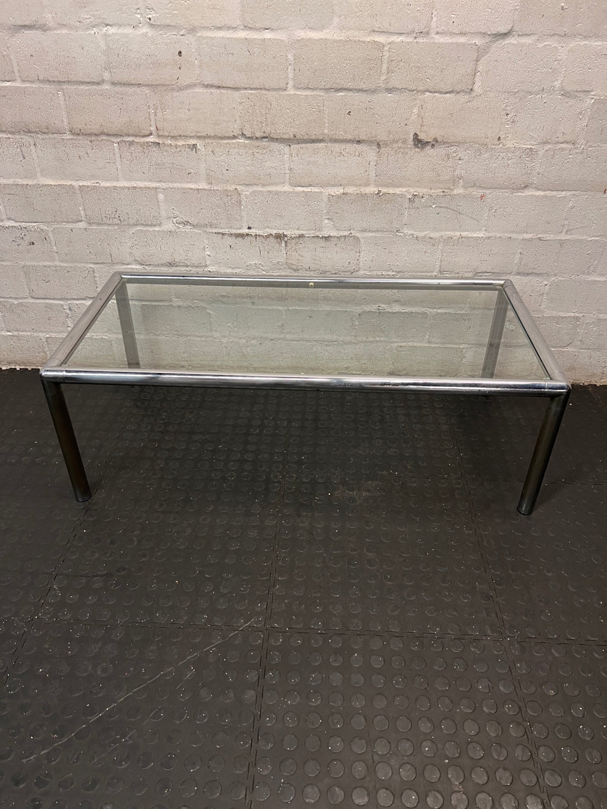 Chrome Frame Glass Coffee Table — Fair Condition With Visible Wear – top view
