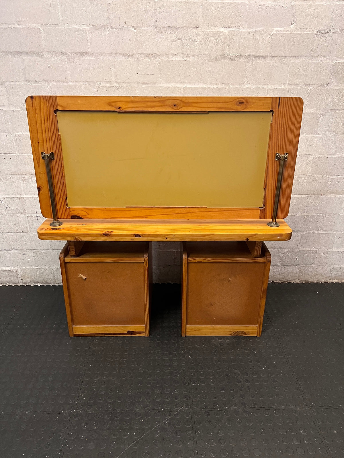 Pine Wood Dressing Table with Cane Inserts and Mirror — Fair Condition Wood Dresser Mirror Set – back view
