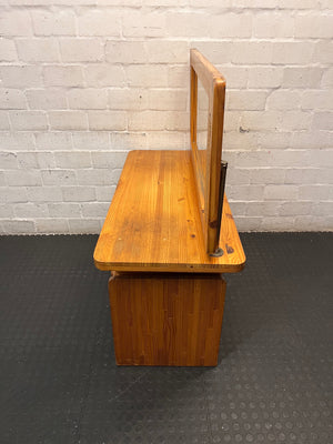 Pine Wood Dressing Table with Cane Inserts and Mirror — Fair Condition Wood Dresser Mirror Set – condition detail