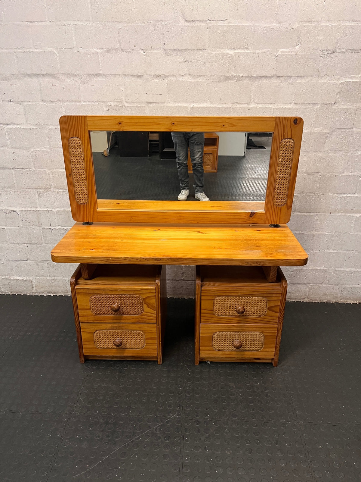 Pine Wood Dressing Table with Cane Inserts and Mirror — Fair Condition Wood Dresser Mirror Set – main front view