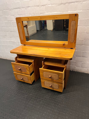 Pine Wood Dressing Table with Cane Inserts and Mirror — Fair Condition Wood Dresser Mirror Set – side view