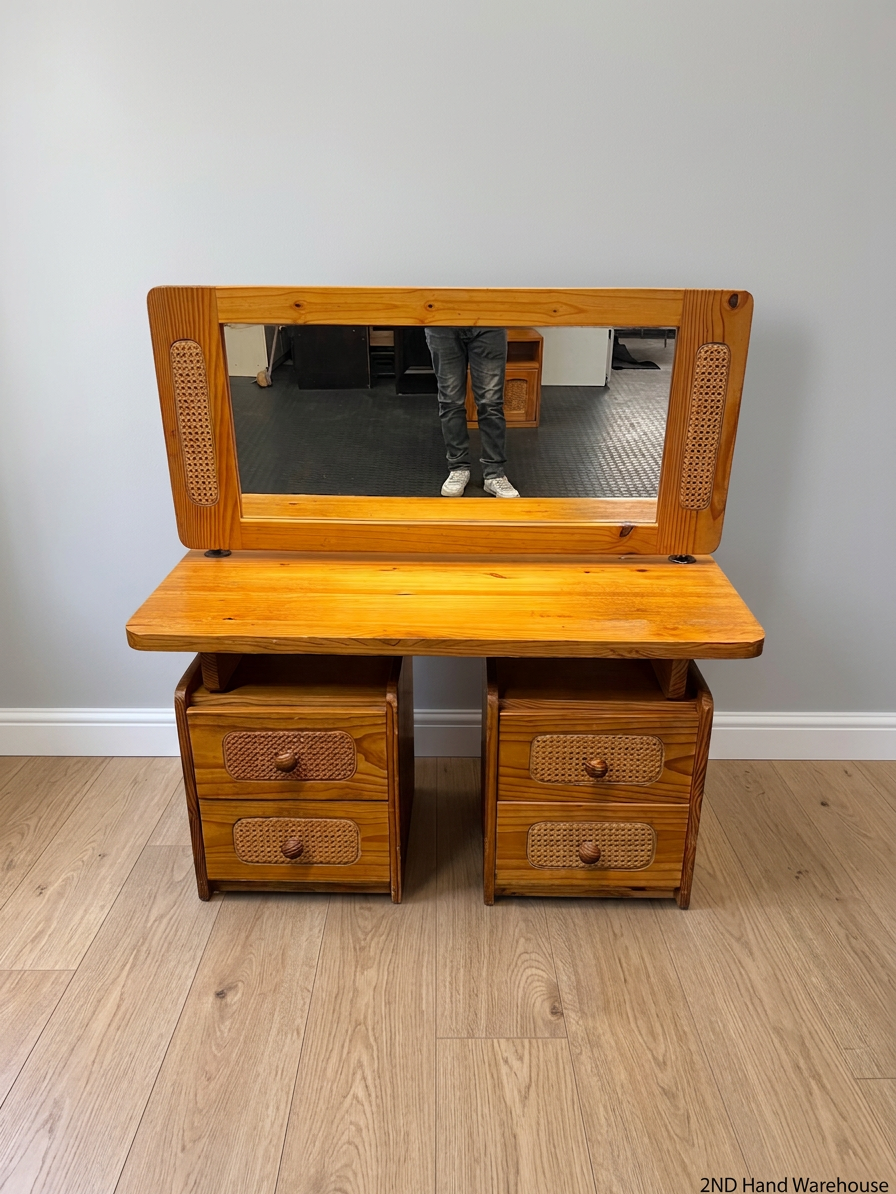 Pine Wood Dressing Table with Cane Inserts and Mirror — Fair Condition Wood Dresser Mirror Set – styled product image