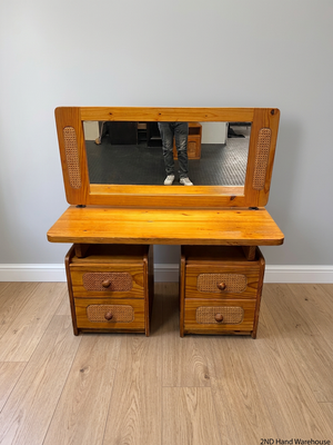 Pine Wood Dressing Table with Cane Inserts and Mirror — Fair Condition Wood Dresser Mirror Set – styled product image