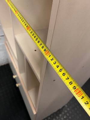 Tall Asymmetrical Shelving Wall Unit with Bottom Cupboard — Fair Used Condition – depth measurement