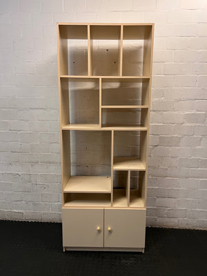 Tall Asymmetrical Shelving Wall Unit with Bottom Cupboard — Fair Used Condition – main front view