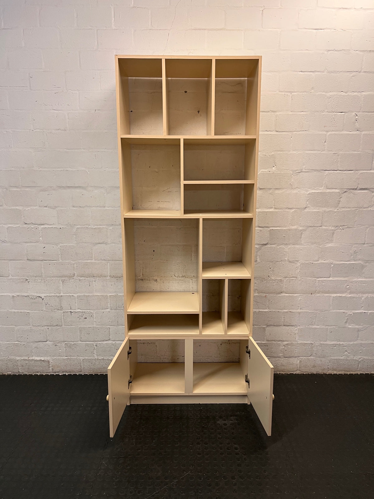 Tall Asymmetrical Shelving Wall Unit with Bottom Cupboard — Fair Used Condition – side view