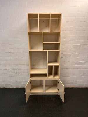Tall Asymmetrical Shelving Wall Unit with Bottom Cupboard — Fair Used Condition – side view