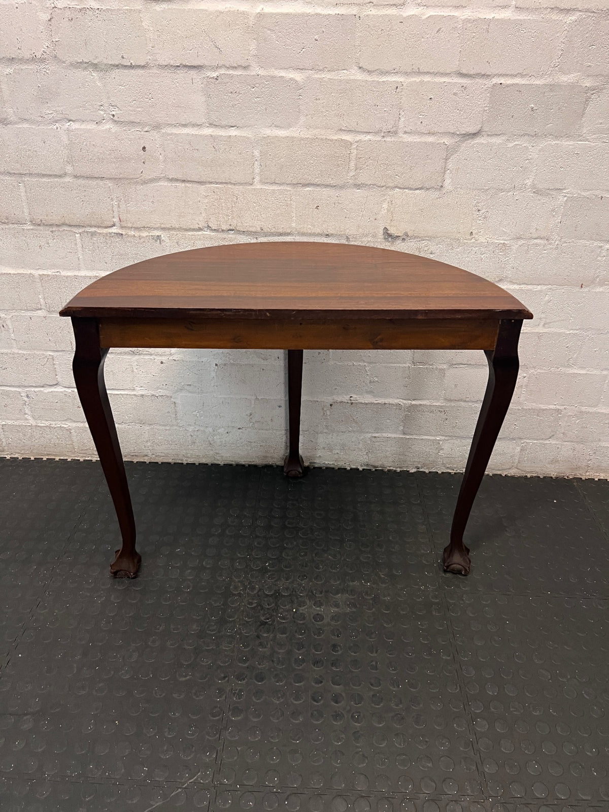Dark Brown Half-Moon Console Table with Claw Feet — Fair Condition with Visible Surface Wear – condition detail
