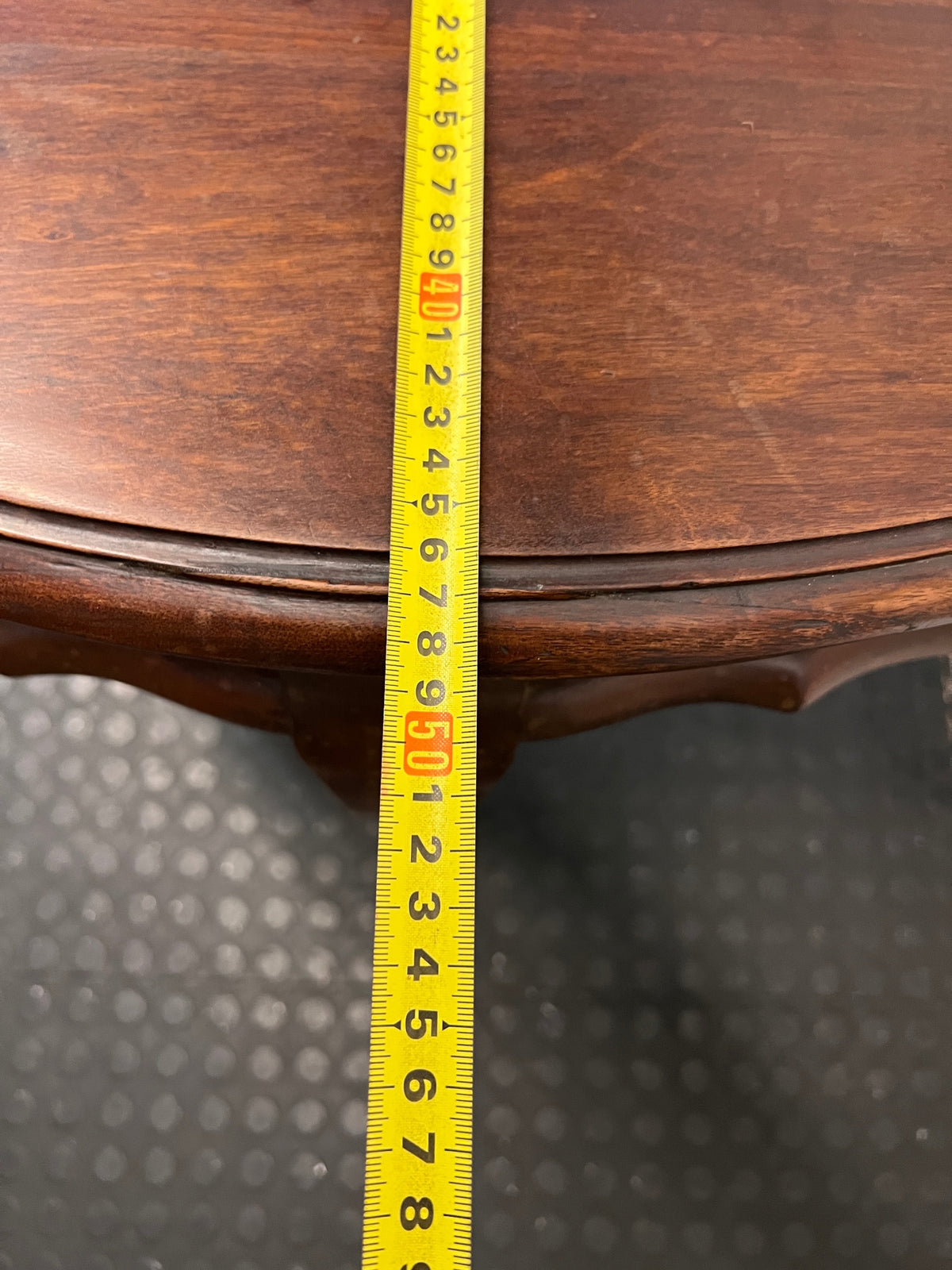 Dark Brown Half-Moon Console Table with Claw Feet — Fair Condition with Visible Surface Wear – depth measurement