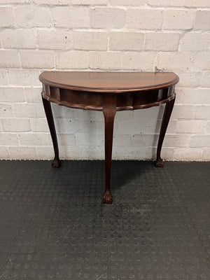 Dark Brown Half-Moon Console Table with Claw Feet — Fair Condition with Visible Surface Wear – main front view