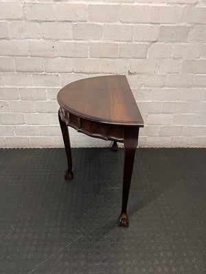 Dark Brown Half-Moon Console Table with Claw Feet — Fair Condition with Visible Surface Wear – side view