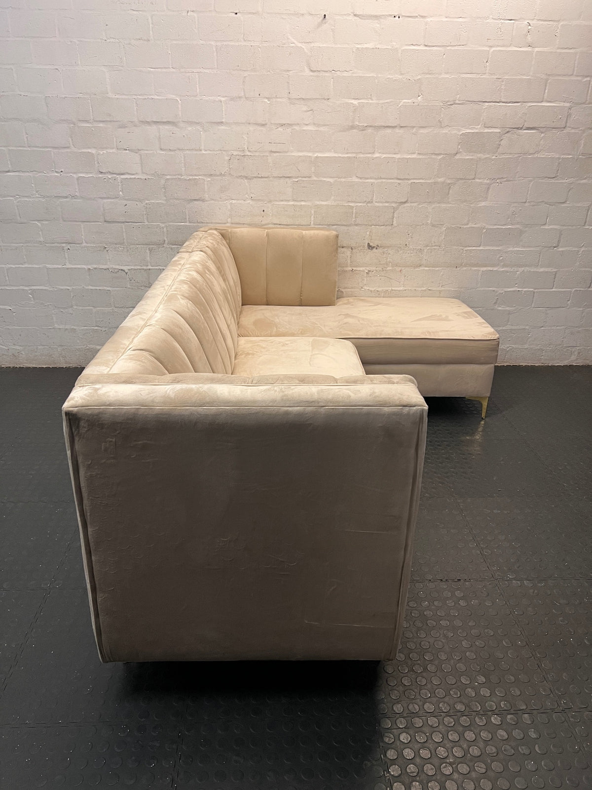 Cream Velvet L-Shape Sectional Couch with Gold Legs — Good Working Order – back view