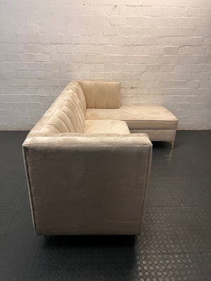 Cream Velvet L-Shape Sectional Couch with Gold Legs — Good Working Order – back view