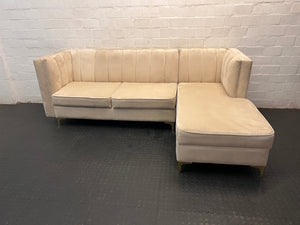 Cream Velvet L-Shape Sectional Couch with Gold Legs — Good Working Order – main front view