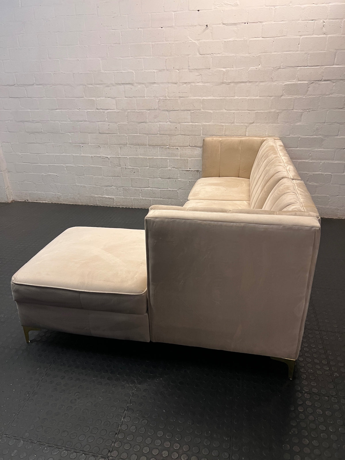 Cream Velvet L-Shape Sectional Couch with Gold Legs — Good Working Order – side view