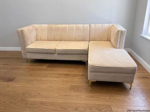 Cream Velvet L-Shape Sectional Couch with Gold Legs — Good Working Order – styled product image